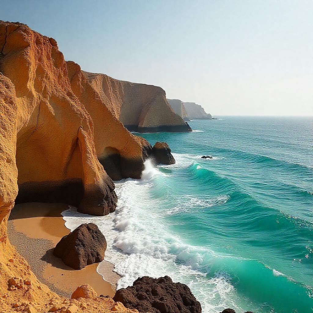 Scenic view of Oman's rugged coastline with towering golden cliffs and turquoise waves crashing against the shore—showcasing the country’s natural beauty and tranquil charm.
