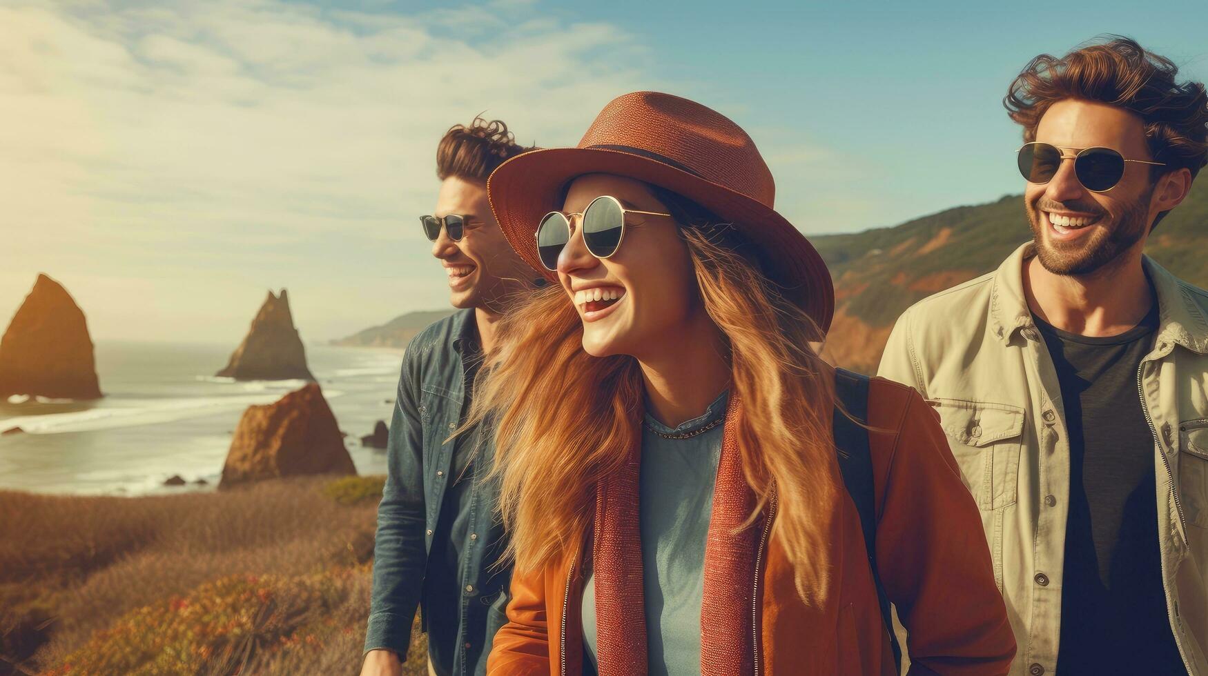 group-of-happy-friends-and-laughing-tourism-travel-people-sharing-good-and-positive-mood-backpack-camping-hiking-journey-travel-trek-concept-with-blurred-background-generative-ai-illustration-free-photo