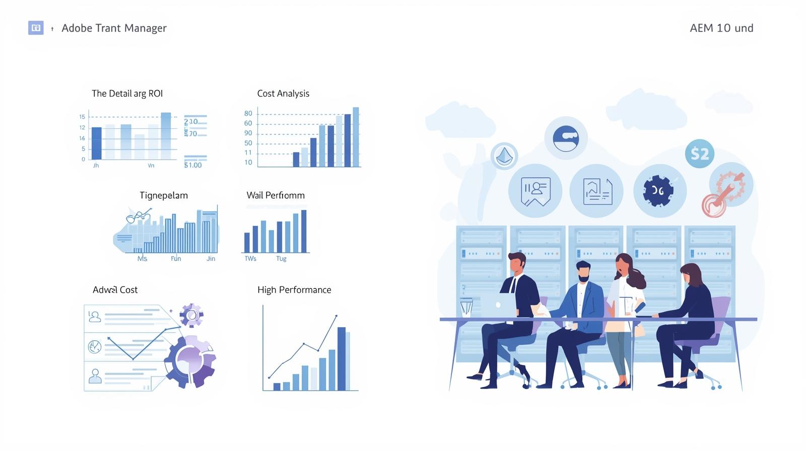 Create a professional and modern digital illustration representing the financial aspects of adopting Adobe Experience Manager (AEM) for businesses. Include elements like charts, graphs, and icons showing ROI,  (1)